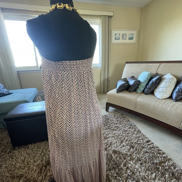 LOFT Maxi Dress Chevron Smocked Women’s Small Sleeveless Boho Casual Ruffle Work - Picture 8 of 13